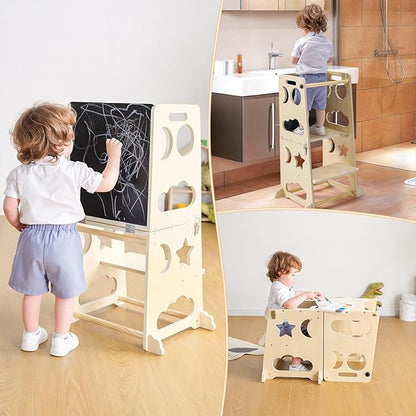 Toddler Step Stool Kitchen Stool Helper, 3 in 1 Toddler Standing Tower Collapsible Kids Step Stool for Bathroom, Montessori Kids Stool, Child Standing Tower for Toddlers with Chalkboard & Safety Rail