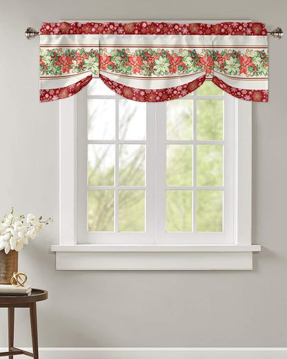 Watercolor Poinsettia Christmas Blackout Tie Up Valance Curtains for Kitchen Windows Red Xmas Winter Holiday Window Toppers Balloon Shades for Living Room/Bathroom/Bedroom,42" X 12", Gold White