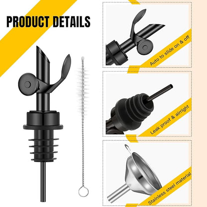 Tioncy 4 Pieces Weighted Stainless Steel Pourers Olive Oil Spout Olive Oil Dispenser Spout Automatic Opening and Closing Spout with Funnel and Brush for Pouring Wine Syrup Oil Kitchen (Black)