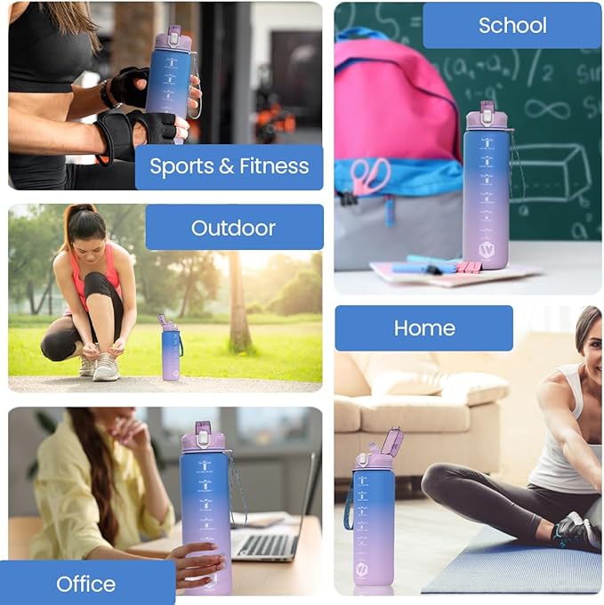 1L Water Bottle with Straw - Leak-Proof & BPA Free Reusable Sports Bottle - Motivational Time Markings for Hydration Durable Drink Bottle for Gym, Sports, Outdoor (Blue and Purple)