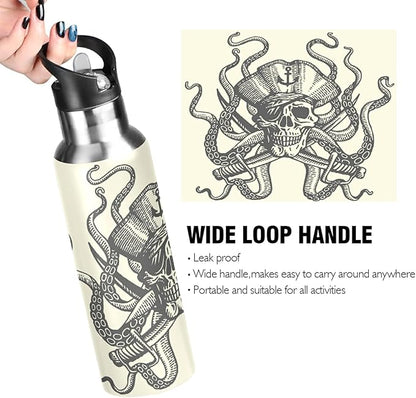 xigua 22 OZ Octopus Pirate Water Bottle with Straw, Sports Water Bottle BPA Free Stainless Steel Water Jugs for Gym, Kitchen, Working, Outdoor