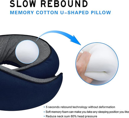 Travel Neck Pillow for Airplanes, 100% Pure Memory Foam Neck Support Pillow 360°Adjustable Full Surrounding Travel Pillow for Long Flights, Car, Train and Home Use, Navy Blue