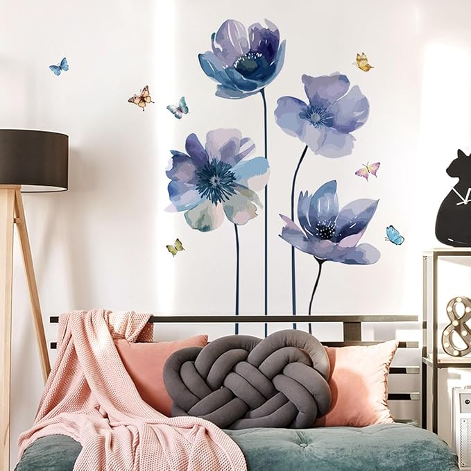 Blue Flower and Butterfly Wall Decal - 88x92cm Decorative Sticker for Home Decor