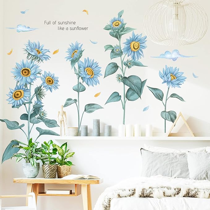 3D Sunflower Wall Decals Butterfly Stickers, Removable Blue Flower Butterfly Wall Decor Sunflower Wallpaper Window Clings Water Bottle Stickers for Kids Girls Room Kitchen Nursery Party