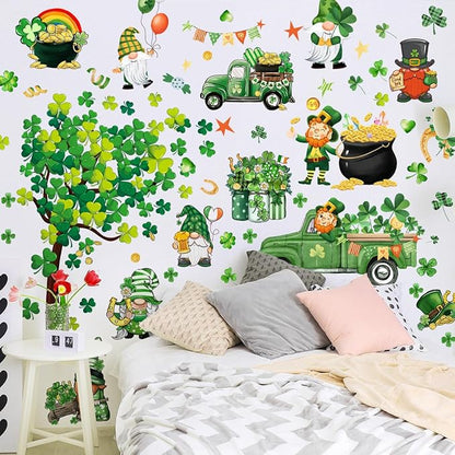 St. Patrick's Day Wall Decals Stickers Green Truck Shamrock St. Patricks Day Window Clings Lucky Clover Golden Coins Irish Spring Holiday Home Kitchen School Office Decor Party Supplies Decoration