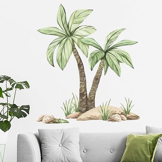 Mfault Summer Palm Tree Wall Decals Stickers, Spring Coconut Tree Tropical Hawaii Living Room Decorations Bedroom Art, Green Plants Home Kitchen Decor