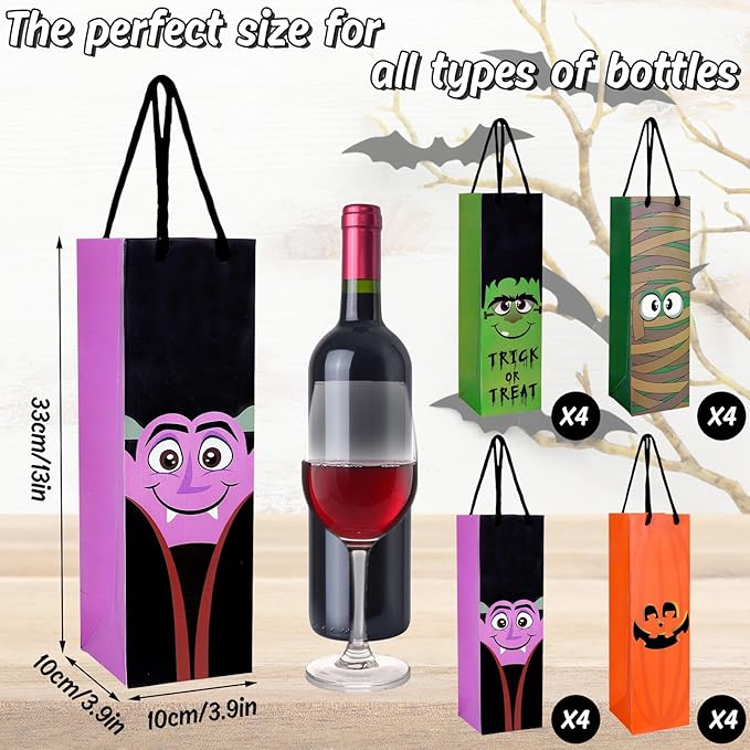 Whaline 16Pcs Fall Halloween Wine Gift Bags with Handle Paper Trick or Treat Single Bottle Wine Bags for Home Gifts Shopping Party Table Decorations