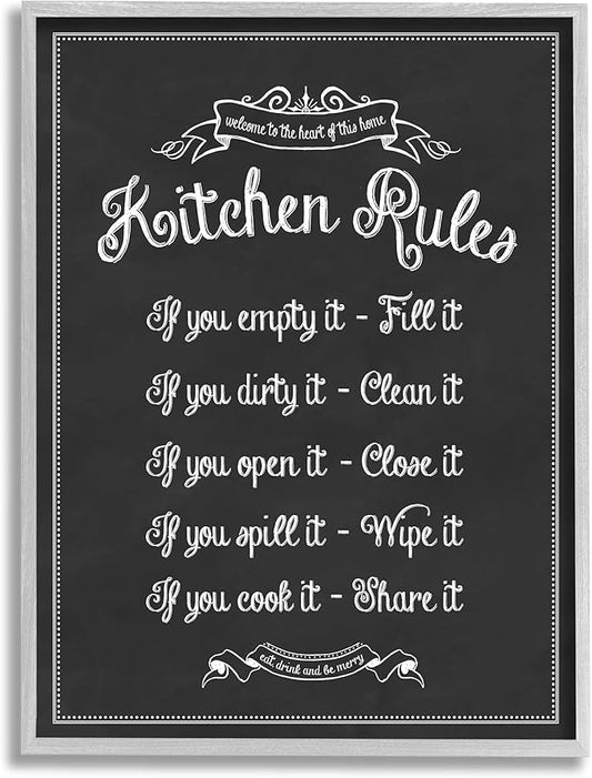 Stupell Industries Kitchen Rules Chalkboard Vintage Sign, Design by Lettered and Lined Gray Framed Wall Art, 24 x 30, Black