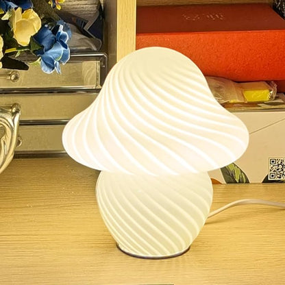 Mushroom Lamp, Small White Table Lamp with Striped Glass, Cute Little Swirl Nightstand Lamp for Bedroom Bedside Dorm Living Kitchen, Murano Style Aesthetic Kawaii Lamp for Home Decor Gift