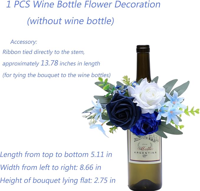 1Pcs Wine Bottle Flower Set, Dining Tables, Plates Decorations，Navy Blue Artificial Flowers Wine Cup for Wedding Ceremony Anniversary, Wedding Home Decor (Blue)