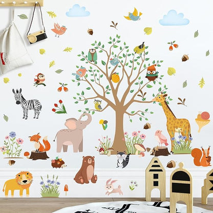 AM AMAONM Removable Jungle Animals Fox Deer Elephant Birds Lion Wall Decals DIY Tree and Leaves Wall Sticker Peel and Stick Home Wall Art Decor for Kids Baby Boys Nursery Bedroom Classroom (39143)