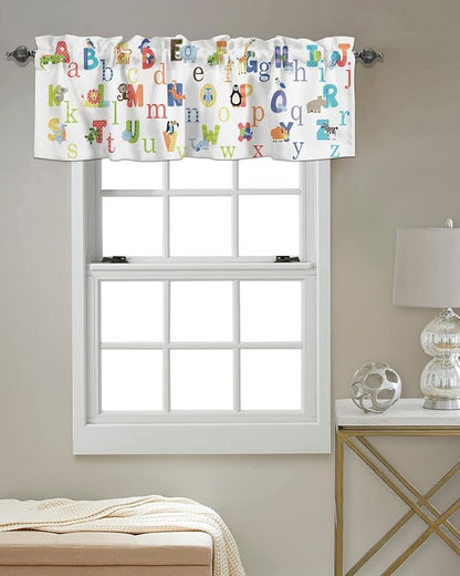 Valance Curtains for Kitchen Window, Cute Animals Alphabet for Kids Rod Pocket Valances Window Treatments Colorful Printed Short Curtains for Bedroom/Living Room,54" X 18" -1 Panel,