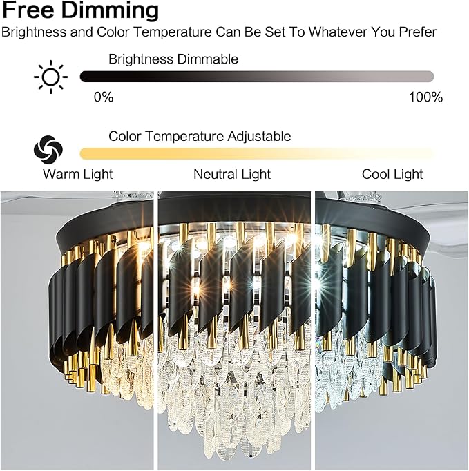 42" Black Chandelier Ceiling Fans with Lights Crystal Ceiling Fan Chandelier Ceiling Fan with Lights Retractable Blade Fandelier Bladeless Ceiling Fans for Dinning Room Living Room Kitchen Foyer