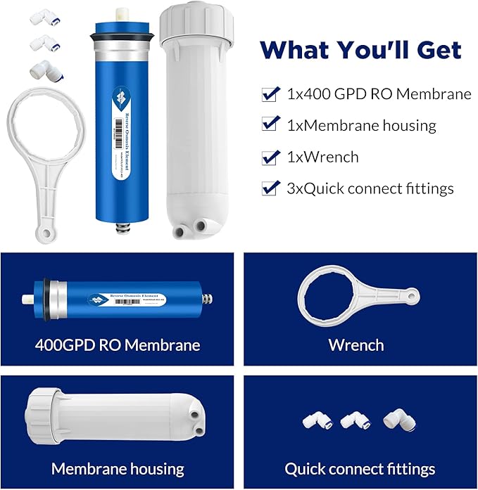 Membrane Solutions 400 GPD RO Membrane, Reverse Osmosis Membrane with Membrane Housing, 1/4" Quick-Connect Fittings, Check Valve, Replacement for Under Sink Home Drinking RO Water Filter System