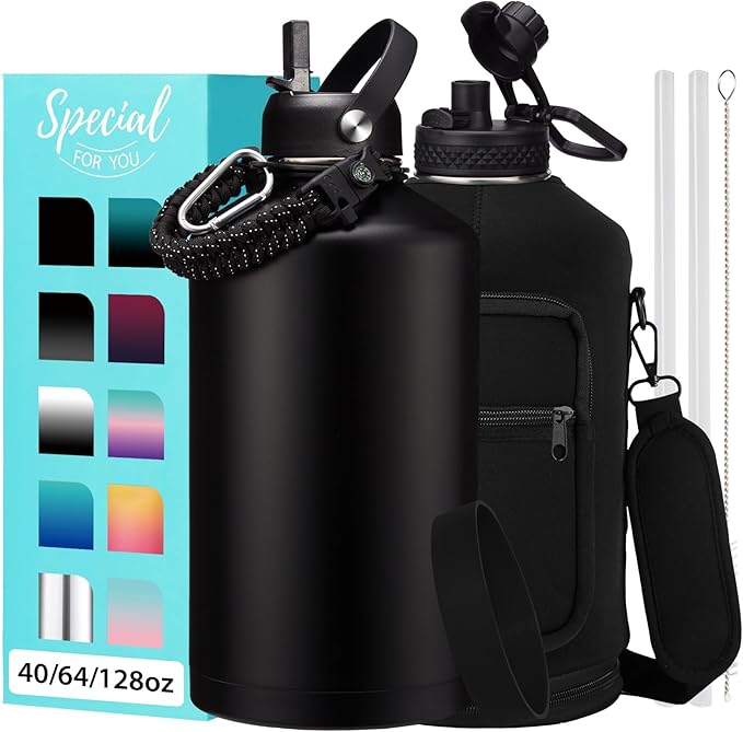 1 Gallon Insulated Water Bottle with Straw - 128oz 64oz Water Jug with Handle Paracord, Straw Spout Lids, Bottle Carrier, Triple Walled Stainless Steel Hydro Bottle, Metal Gallon Water Bottle Large