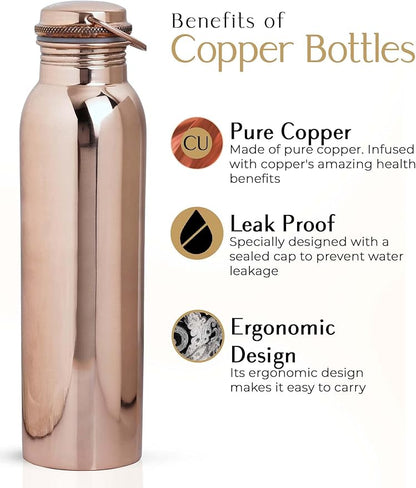 Copper Water Bottle With 2 Water Glasses - Copper Bottle for Drinking Water - 100% Copper Water Bottle - Home Essentials for New Home - Ayurvedic Pure Copper Vessel for Drinking Healthy Water