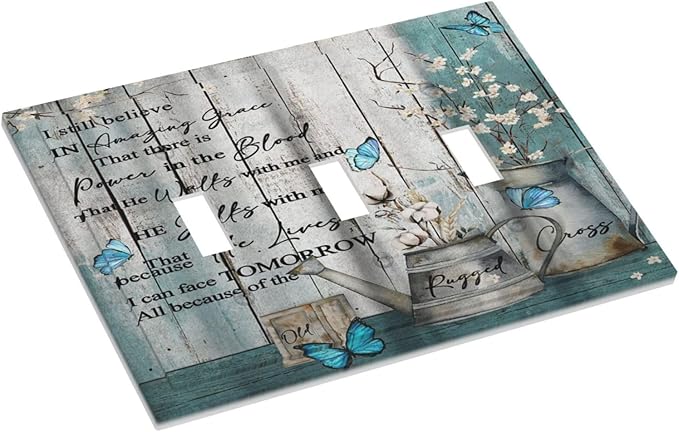 Vintage Teal Butterfly Inspirational Quotes Wood Plank 3 Gang Light Switch Covers Triple Toggle Wall Plate Decorative Switchplate Electrical Faceplate for Farmhouse Country Bedroom Kitchen Decor