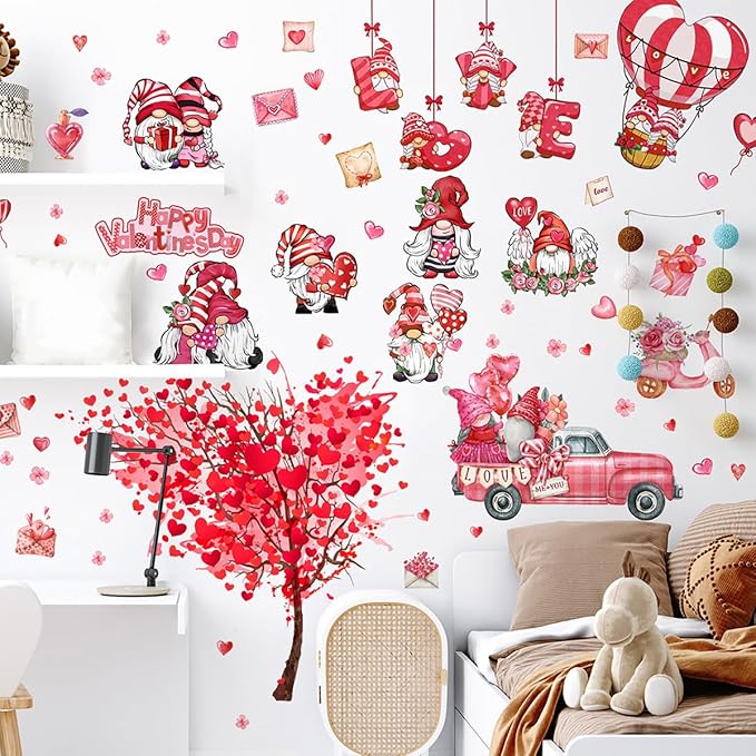 2 Sheets Valentine's Day Wall Decals Heart Tree Red Truck Valentines Day Wall Stickers Romantic Love Heart Wall Decor Home Bedroom Decor for Couple Living Room Kitchen Window Wedding Anniversary Art