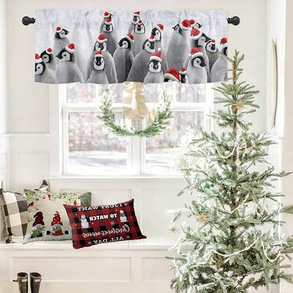 Vandarllin Christmas Valance Kitchen Curtains for Windows, Funny Hat Penguin Rod Pocket Valances Window Treatments Winter Holidays Short Curtains for Bedroom/Living Room, 54" X 18" -1 Panel