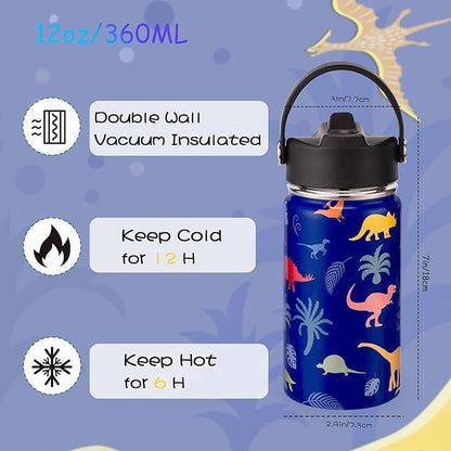 12oz Kids Insulated Water Bottle with Flip Straw & Big Handle, Jungle Dinosaurs, Double Wall 18/8 Stainless Steel, Leakproof Gift for Kids Boys Girls to School Travel Sports, Hands Wash Only, Blue