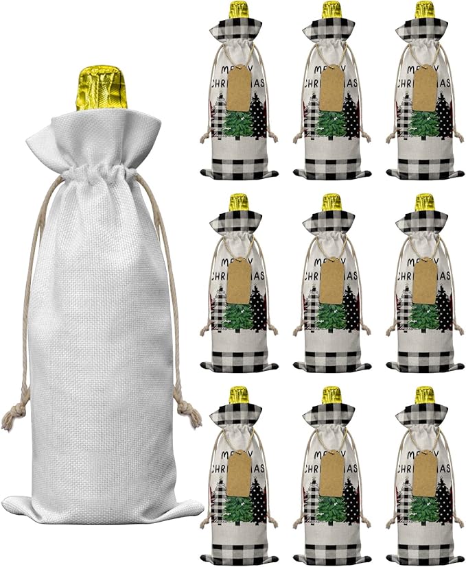 10 Pack Wine Bottle Bags, Christmas Tree Wine Bottle Cover with Drawstring, Vintage Black White Checkered Xmas Tree Gift Bag for Champagne Wedding Birthday Party