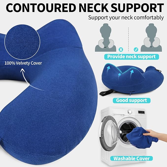 2 Pack Inflatable Travel Neck Pillow for Airplane, 360° Head Support Velvet Adult Neck Pillow for Long Flight, Removable Washable Cover, Kit with Eye Masks, Earplugs & Storage Bag, Navy Blue