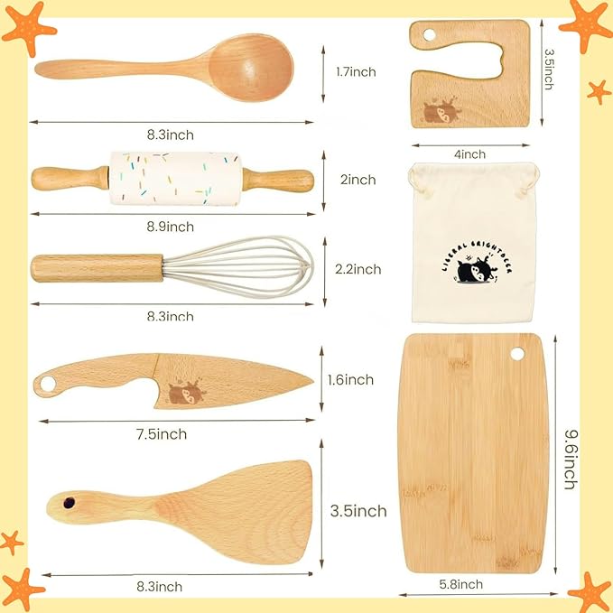 Wooden Kids Safe Knife and Kids Baking Set for Real Cooking, 8 PCS Toddler Montessori Kitchen Tools, Cooking and Baking for Kids Little Chefs Montessori Kitchen Tools for Toddlers-Kids Cooking Sets