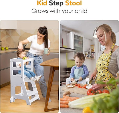 Toddler Tower, Kitchen Stool Helper for Toddlers with Chalkboard, Safety Rail, Adjustable Heights, and Anti-Slip Protection, Montessori Learning Standing Tower, Removable Step Stool for Adults, White