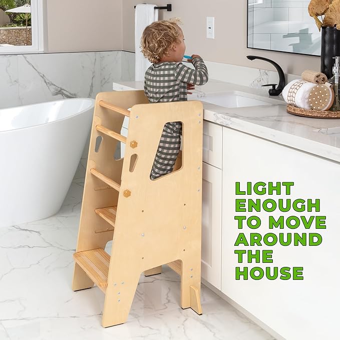 Toddler Standing Tower - Adjustable Height Toddler Kitchen Stool Helper - Ideal Kids Kitchen Step Stool for Learning New Skills - 2024 Design with Safety Feet - Varnished