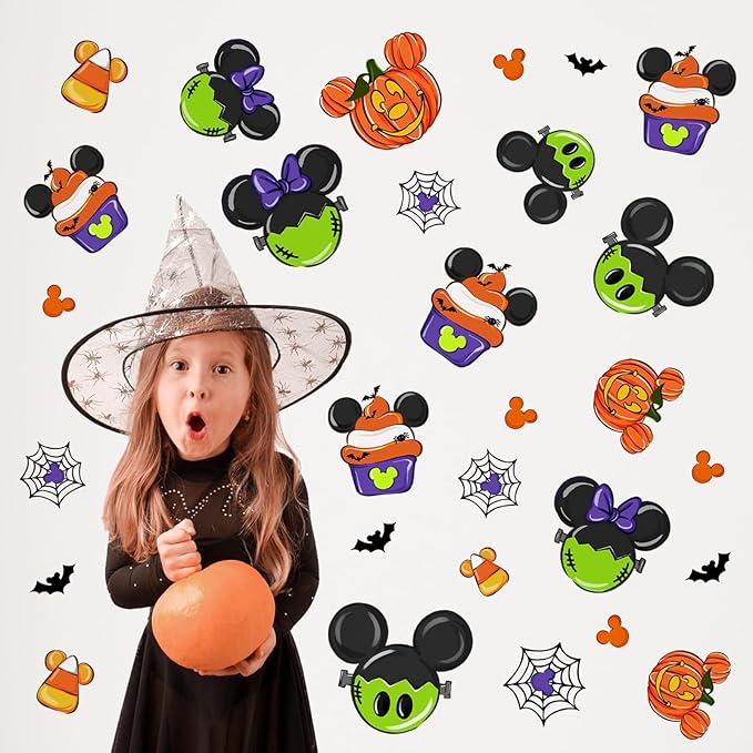 Mfault Halloween Cartoon Mouse Wall Decals Stickers, Jack O Lantern Pumpkin Cupcake Decorations Bedroom Art, Spider Web Bat Funny Holiday Home Kitchen Decor