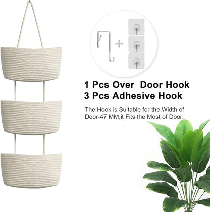 TeoKJ Over the Door Hanging Baskets, 3-Tier Woven Cotton Storage Organizer Bag with Hooks Wall-Mounted Decorative Nursery Kitchen Baskets - White