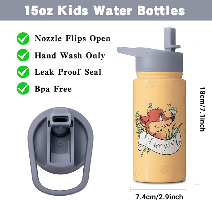 15oz Fox Water Bottle Insulated Stainless Steel, Metal Flask for Boys With Straws and Brush, Christmas Hand Wash Only