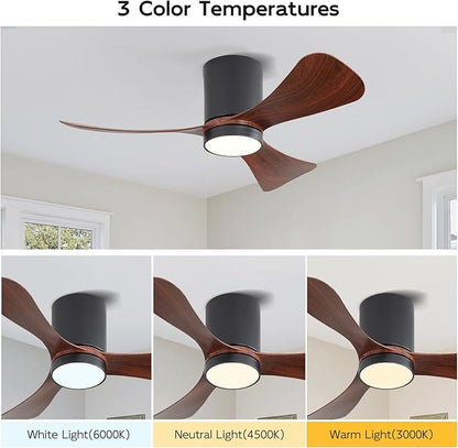 42 Inch Low Profile Ceiling Fan with Lights, Modern Flush Mount Ceiling Fan, 3 ABS Blades, 6-Speed, Reversible DC Motor, Noiseless, for Indoor/Outdoor Kitchen Bedroom, Black+Walnut