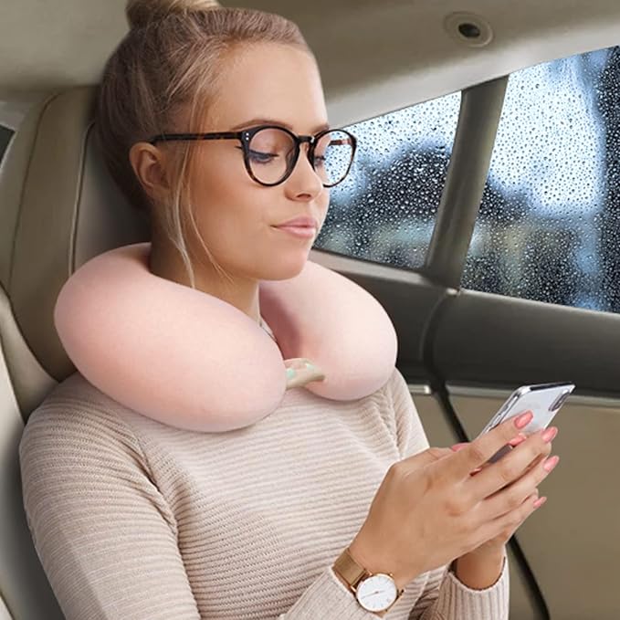 Travel Neck Pillow Airplane, Soft Memory Foam Support Head Neck Chin, with Removale Cover and Adjustable Snap Button, Comfortable Sleeping in Plane Car Train Traveling Office Home, Pink