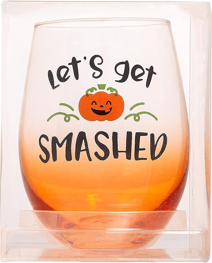 Pearhead Let's Get Smashed Stemless Wine Glass, Gradient Orange, Fall Holiday Home Decor Gifts, Halloween Stemless Wine Glass, 15 oz