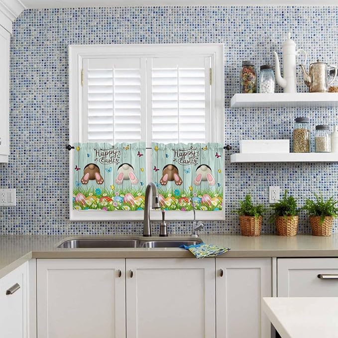 Vandarllin Spring Easter Kitchen Curtains and Valances Set, Funny Bunny Tails Rabbit Window Tiers Floral Farmhouse Half/Short Curtains for Small Windows Cafe/Living Room/Bedroom 54x 36 in