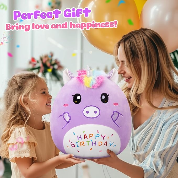 14” Birthday Unicorn Plush Pillow,Cute Unicorn Stuffed Animal,Soft Unicorn Plushies Pillow,Happy Birthday Unicorn Plush Toy Birthday Gifts for Kids Toddlers Girls Boys Room Decor (Purple)