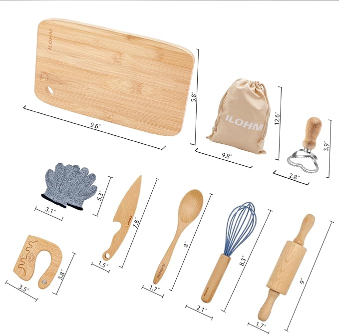 Wooden Kids Safe Knife and Kids Cooking & Baking Set,9 PCS Toddler Montessori Kitchen Tools Set for Real Cooking for Kids Little Chefs - Childrens' Knife,Cutting Board,Rolling Pin and More