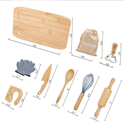 Wooden Kids Safe Knife and Kids Cooking & Baking Set,9 PCS Toddler Montessori Kitchen Tools Set for Real Cooking for Kids Little Chefs - Childrens' Knife,Cutting Board,Rolling Pin and More