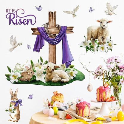 Mfault He is Risen Easter Wall Decals Stickers, Religious Faith Cross Lamb Bunny Lily Flower Christian Decorations Bedroom Art, Rabbit Dove Floral Butterfly Home Kitchen Decor Party Supplies