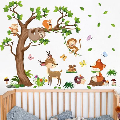 AM AMAONM Removable Jungle Animals Fox Deer Elephant Birds Lion Wall Decals DIY Tree and Leaves Wall Sticker Peel and Stick Home Wall Art Decor for Kids Baby Boys Nursery Bedroom Classroom (39153)