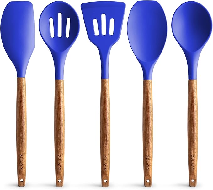 Zulay Kitchen Utensils Set - Non-Stick Silicone Cooking Utensils Set with Authentic Acacia Wood Handles - 5 Piece Silicone Utensil Set - Silicone Kitchen Utensils Set (Dark Blue)