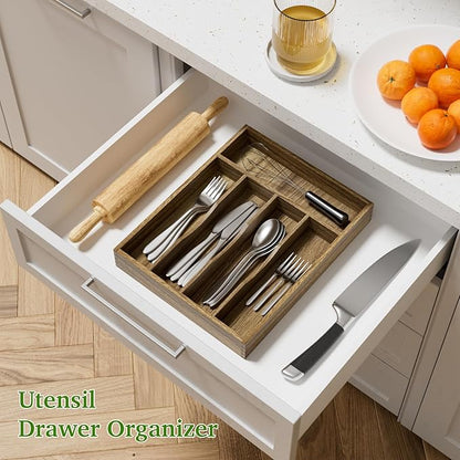 Acacia Wood Silverware Drawer Organizer, Kitchen Utensil Cutlery Drawer Organizer with Grooved Dividers, Flatware Organizer Silverware Tray Holder for Spoon, Fork, 11''x13.8'' (5 Slots)