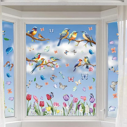 9PCS Summer Window Stickers, Spring Flower Bird Butterfly Tree Branches Glass Window Cling Stickers Cartoon Decoration Stickers for Living Room Office Home Party Supplies Shop