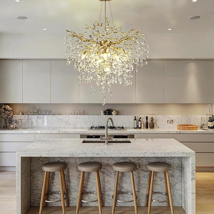 32 inch Crystal Chandelier for Dining Room, Round Gold Tree Branches Chandeliers, Top K9 Crystal Chandelier, Modern Chandeliers for Kitchen,Foyer Entryway,Luxury Adjustable Hanging Chandelier