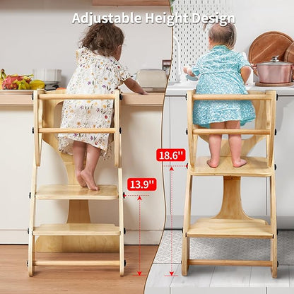 2 in 1 Toddler Kitchen Step Stool, Kids Standing Learning Tower, Wooden Child Kitchen Stool Helper Adjustable Height with Safety Rails