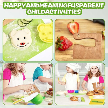 18 Pieces Montessori Kitchen Tools Cookware Baking Toy for Toddlers Kids, Toddler Safe Knife Set for Real Cooking, w/ Cutting Boards, Crinkle Cutter, Peeler, Serrated Edges and Wooden Safe Knives