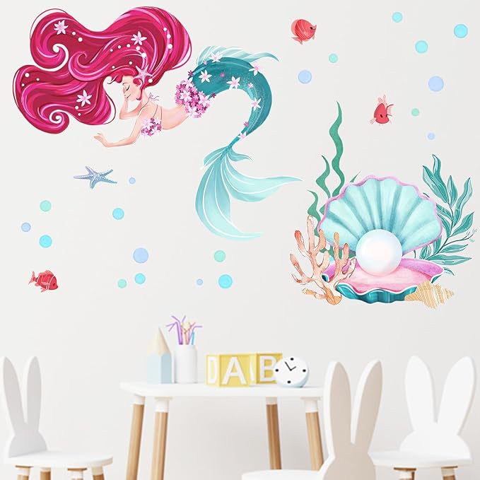 Mfault Mermaid Under The Sea Wall Decals Stickers, Shell Pearl Ocean Creatures Marine Life Nursery Decoration Girls Bedroom Art, Coastal Beach Bubble Fish Coral Toddler Kids Room Playroom Home Decor