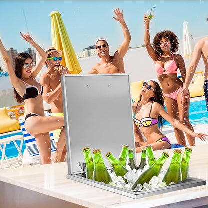 Upgraded Drop in Ice Chest, Stainless Steel Ice Cooler, Commercial Ice Bin with Cover, Outdoor Kitchen Ice Bar, Drain-Pipe and Drain Plug Included, for Cold Wine Beer