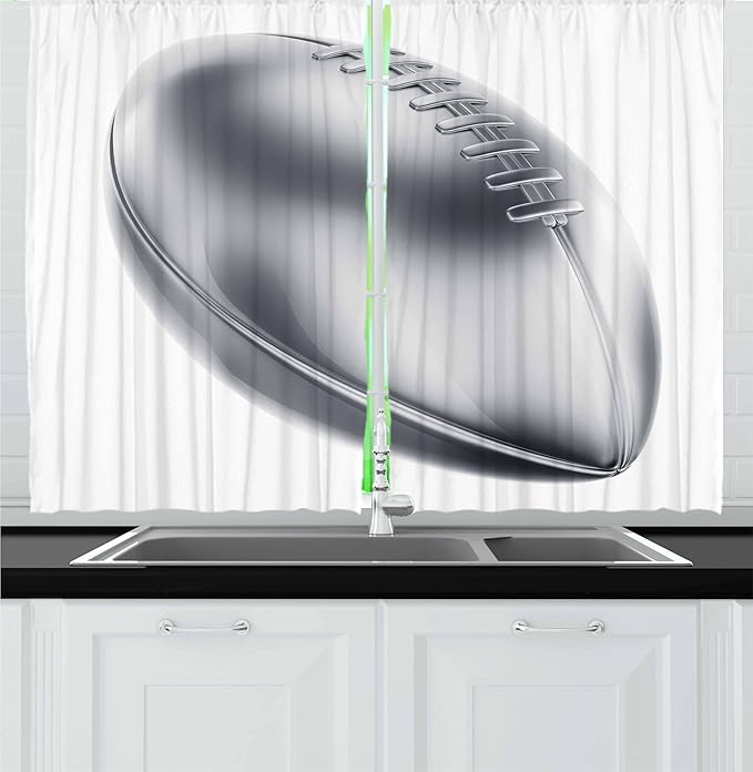 Ambesonne Grey Kitchen Curtains, Realistic American Football in 3D Style Sports Theme Champion Victory Trophy, Window Drapes 2 Panel Set for Kitchen Cafe Decor, 55" x 36", Grey White